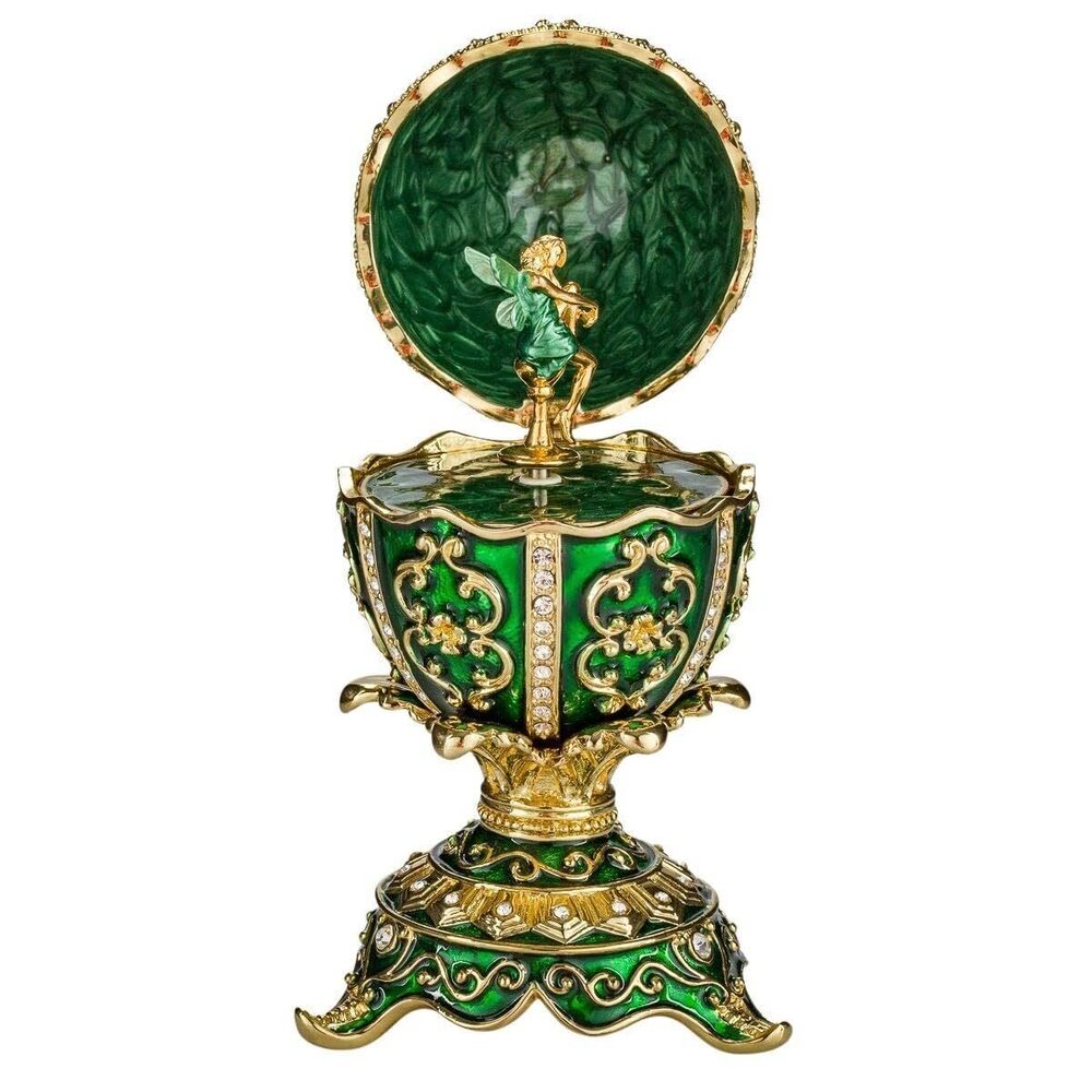 5285 Faberge Style Egg Music Box with fairy figurine 5'' 12.5 cm green